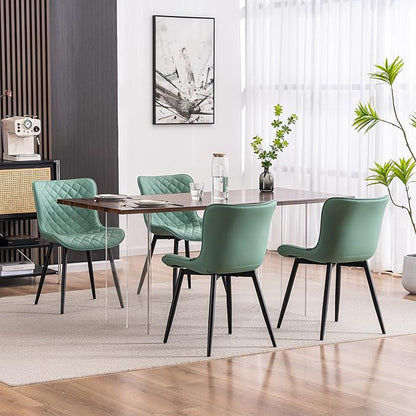 YOUTASTE Light Green Dining Chairs Set of 2 Mid Century Modern PU Leather Diamond Upholstered Accent Guest Dinner Chair with Back Metal Legs for Kitchen Living Reception Waiting Room
