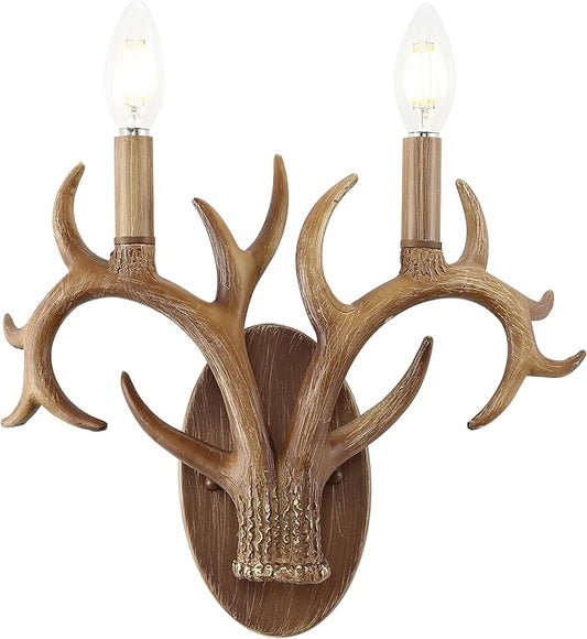 JONATHAN Y 13.25" Brown Wood Finish Faux Antler LED Vanity Light Set of 2, Rustic Wall Sconces for Bathroom Mirror Hallway, Southwestern Farmhouse Decor, LED Bulbs Included (JYL6308A)