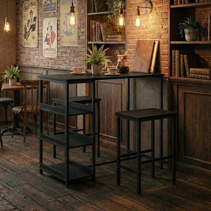 IDEALHOUSE 36" Counter Height Dining Table Set for 2 with Bar Stools and Storage Shelves, Space-Saving Kitchen Table for Small Space, Apartment, Studio, Black