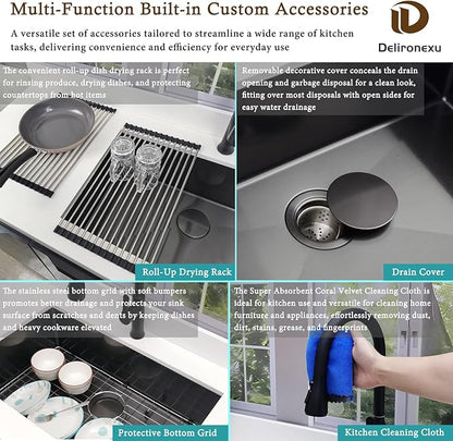 30 Inch Black Undermount Kitchen Sink - Delironexu Single Bowl Kitchen sinks, 16 Gauge Stainless Steel kitchen Sink Black with 4 Accessories, 30"x18"x9", Modern Design