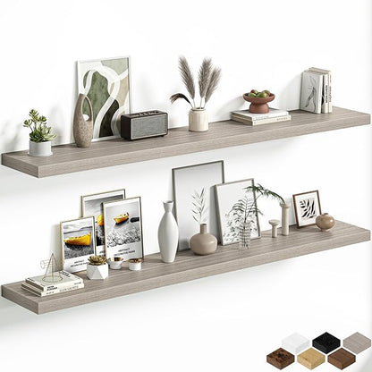 Fun Memories 72 Inch Floating Shelves, 12 Inch Deep Wall Shelf for Fireplace Mantel, Gray Deep Storage Shelves for Home & Office, Long Floating Shelf with Invisible Bracket, Set of 2
