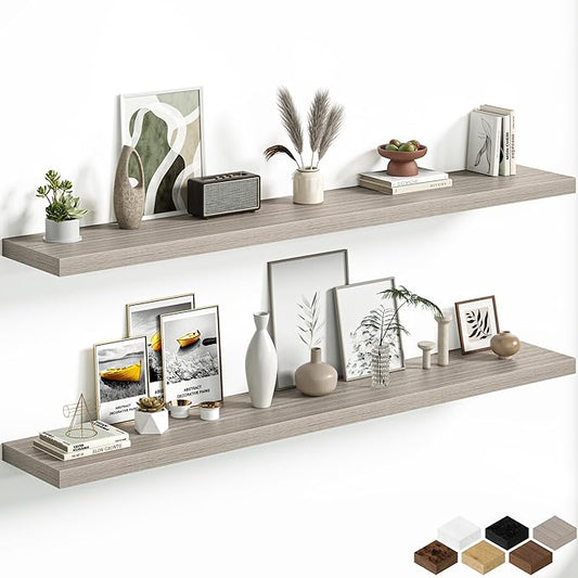 Fun Memories 72 Inch Floating Shelves, 12 Inch Deep Wall Shelf for Fireplace Mantel, Gray Deep Storage Shelves for Home & Office, Long Floating Shelf with Invisible Bracket, Set of 2