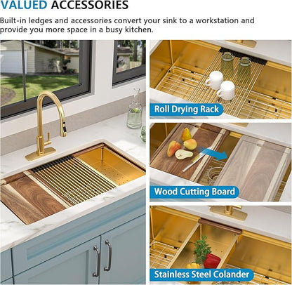 36 Undermount Kitchen Sink Gold - Fulorni 36"x19" Kitchen Sink Brushed Gold NANO-PVD Ledge Workstation 16 Gauge 304 Stainless Steel Under Counter Large Single Bowl Basin