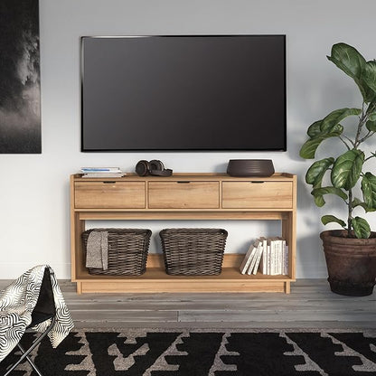 Prepac Natural Oak Simply Modern Entryway Table, Narrow Console Table with 3 Drawers, Media Console with Storage, 15.75" D x 60.25" W x 32" H