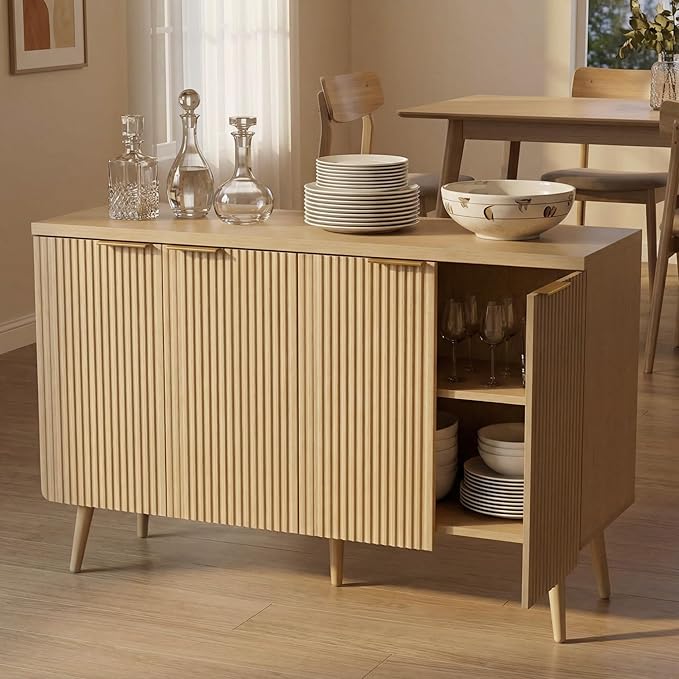 Natual Oak 47.2" Modern Fluted Wood Sideboard – 4-Door Buffet Cabinet with Adjustable Shelves, Multi-Space Storage Credenza for Living Room, Dining Room & Entryway