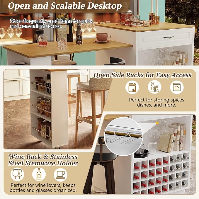 73” Kitchen Island with Extendable Dining Table, Multifunctional Wine Cabinet with 1 Door, 5 Drawers, Open Side Shelves, Wine Rack, Stemware Holder, Rolling Wheels, Chairs Not Include, White+Natural
