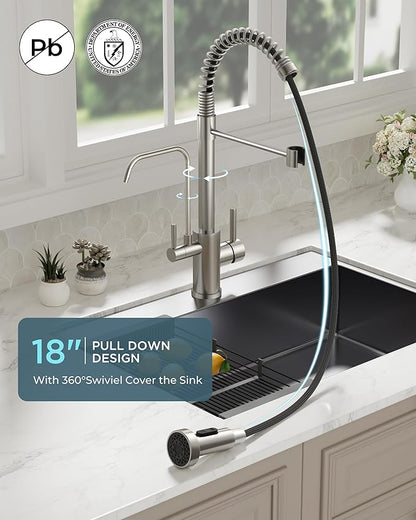 FORIOUS Kitchen Faucet with Purfied Water Filter, 2 in 1 Commercial Stainless Steel Pull Down Sink Faucet and Drinking Water Faucet 2 Handle for Pot Filler Kitchen Sink Farmhouse Bar, Brushed Nickel