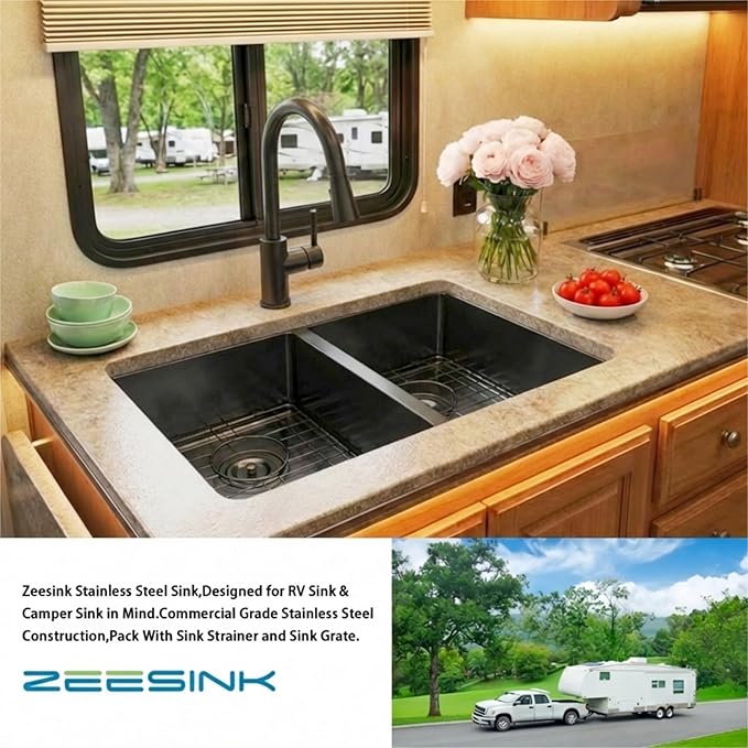 Black RV Kitchen Sink 27 X 16 inch,50/50 Double Bowl Undermount Kitchen Sink,16 Gauge Stainless Steel Kitchen Sinks for RV