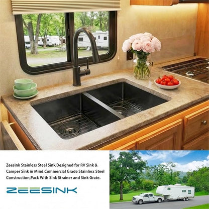 Black RV Kitchen Sink 27 X 16 inch,50/50 Double Bowl Undermount Kitchen Sink,16 Gauge Stainless Steel Kitchen Sinks for RV