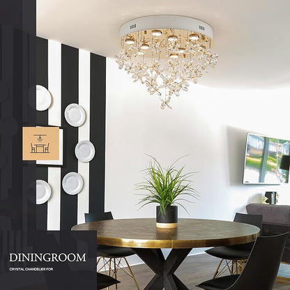 9-Lights Modern Chandelier K9 Crystal Lighting Fixture,20 Inch Round Stainless Steel Flush Mount Ceiling Lights for Bedroom Foyer Hallway Dining Room,GU10 Bulbs Include