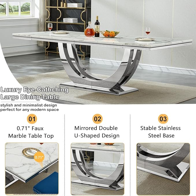 94 Inch White Marble Dining Table for 6-10 People, Modern Extra Long Rectangular Kitchen Table w/Faux Marble Top & Gorgeous Mirrored Stainless Steel Base, Large Rectangular Silver Dining Room Table