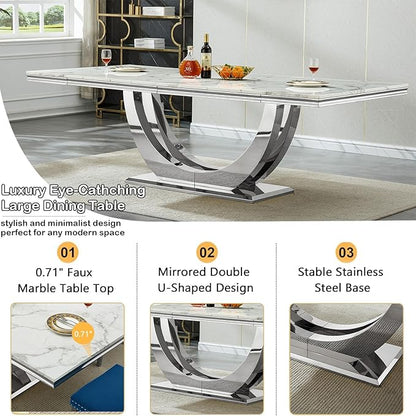 94 Inch White Marble Dining Table for 6-10 People, Modern Extra Long Rectangular Kitchen Table w/Faux Marble Top & Gorgeous Mirrored Stainless Steel Base, Large Rectangular Silver Dining Room Table