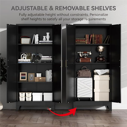 Farmhouse Pantry Cabinet with Barn Doors,61" H x 27.5" W,Metal Cabinet with Adjustable Shelves,4-Tier Storage Cabinet for Kitchen Dining Room Garage Office,Black 1 Pack