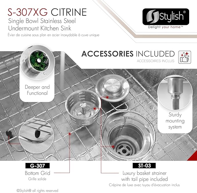 Stylish 23 x 18 Inch Undermount Kitchen Sink 16G Stainless Steel 10mm Radius Corners Single Bowl Kitchen Sinks with Bottom Grid and Luxury Basket Strainer, S-307XG