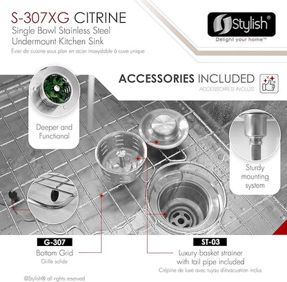 Stylish 23 x 18 Inch Undermount Kitchen Sink 16G Stainless Steel 10mm Radius Corners Single Bowl Kitchen Sinks with Bottom Grid and Luxury Basket Strainer, S-307XG