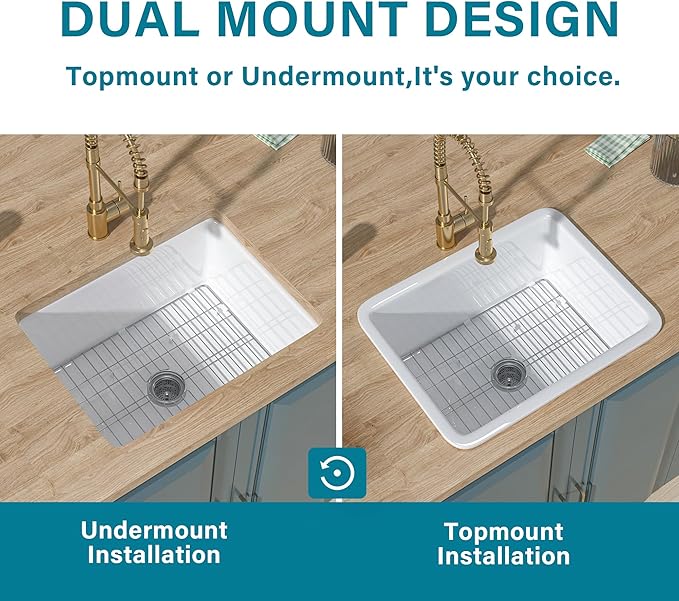 Undermount Kitchen Sink White 24 x 19 Inch,11" High Top Mount Small Fireclay Bar Sink Drop In Single Bowl, Dual Mount Heavy Duty Deep Basin, Pure White, for Kitchen,Island,Laundry