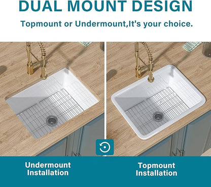 Undermount Kitchen Sink White 24 x 19 Inch,11" High Top Mount Small Fireclay Bar Sink Drop In Single Bowl, Dual Mount Heavy Duty Deep Basin, Pure White, for Kitchen,Island,Laundry