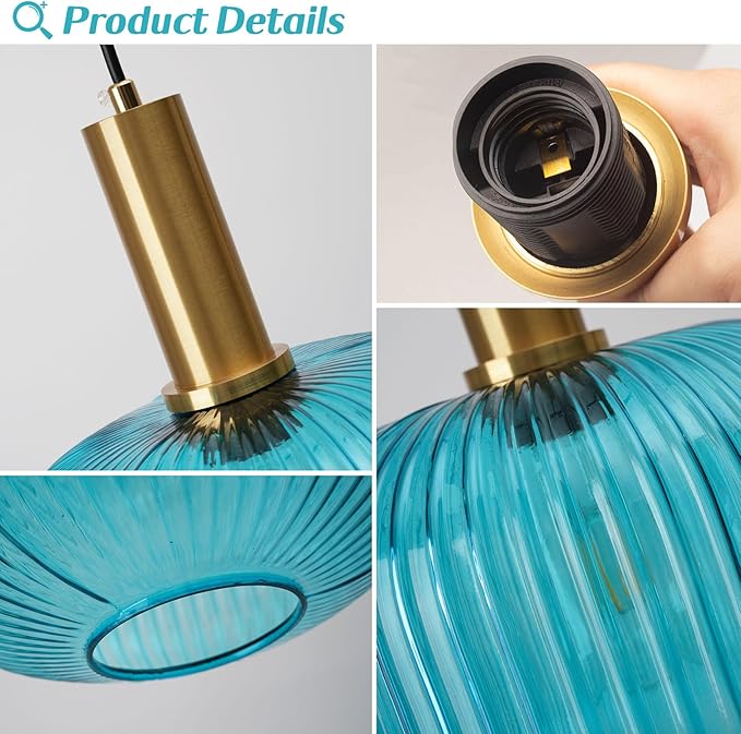 Gold Plug in Pendant Light with On/Off Switch, Blue Ribbed Glass Hanging Lamp, Adjustable Cord, Coastal Style for Kitchen, Dining Room, Living Room, Bedroom