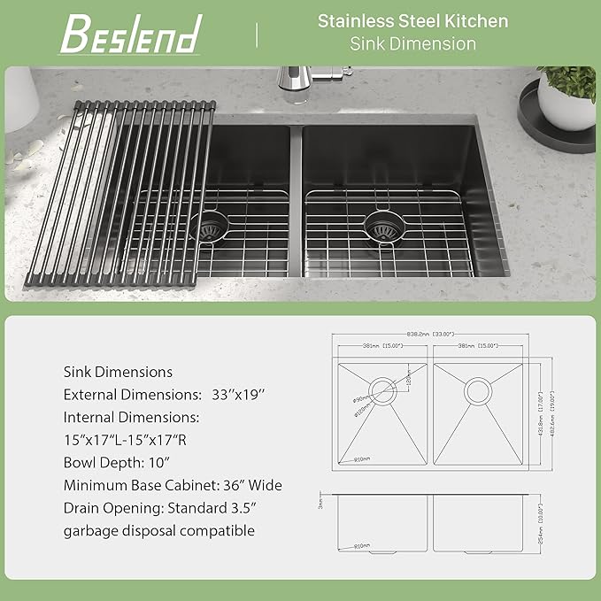 33 Inch Black Undermount Kitchen Sink - Beslend 33”x19”x10” Stainless Steel Gunmetal Black 16 Gauge 10 Inch Deep 50/50 Double Bowl Kitchen Sink Basin, 33 Inch-50/50