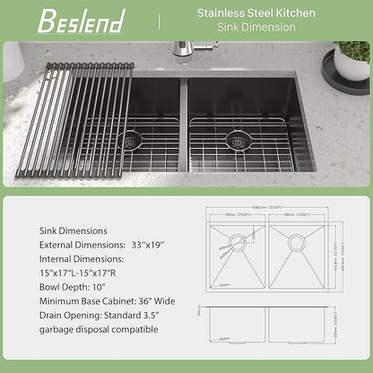 33 Inch Black Undermount Kitchen Sink - Beslend 33”x19”x10” Stainless Steel Gunmetal Black 16 Gauge 10 Inch Deep 50/50 Double Bowl Kitchen Sink Basin, 33 Inch-50/50