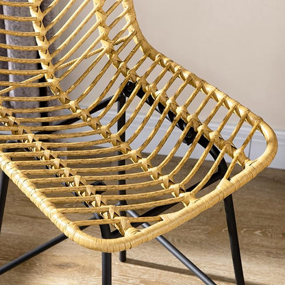 Rattan Bar Stools Set of 4, 26" Counter Height Barstools, Boho Kitchen Island Stools with Breathable Wicker Seat and Back, Yellow