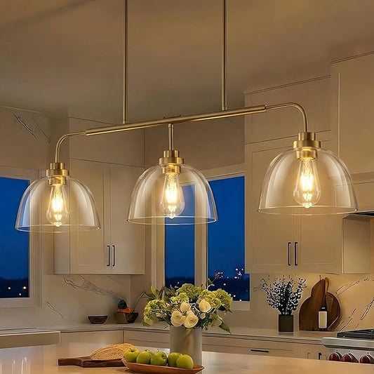 Dining Room Light Fixtures over Table, Large Kitchen Island Lights Modern Farmhouse Chandelier Vintage Brushed Gold Rectangle Chandelier Light Fixture with 3 Big Clear Glass Dome,Height Adjustable