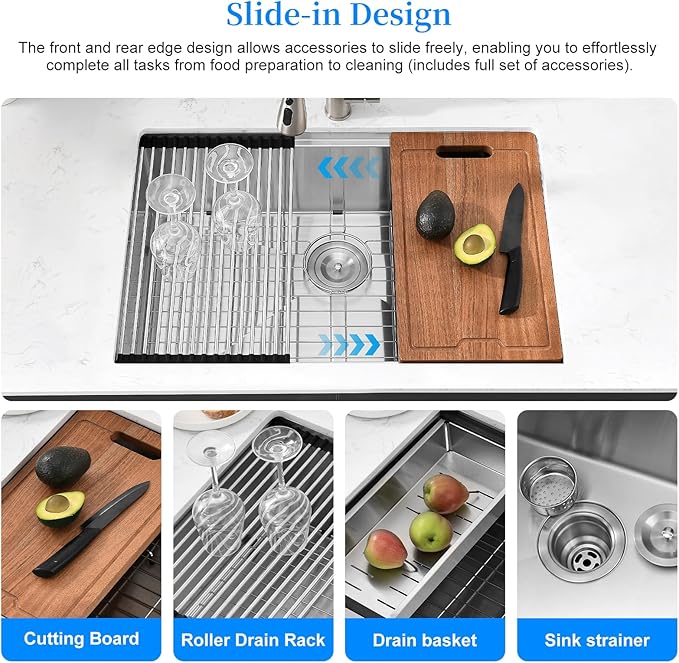 PEPO 33 Inch Kitchen Sink Undermount - 33 x 19 Undermount Kitchen Sink Workstation Deep Single Bowl 16 Gauge Stainless Steel Sinks Basin