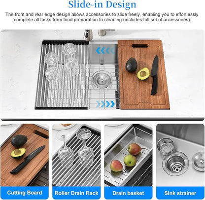PEPO 33 Inch Kitchen Sink Undermount - 33 x 19 Undermount Kitchen Sink Workstation Deep Single Bowl 16 Gauge Stainless Steel Sinks Basin