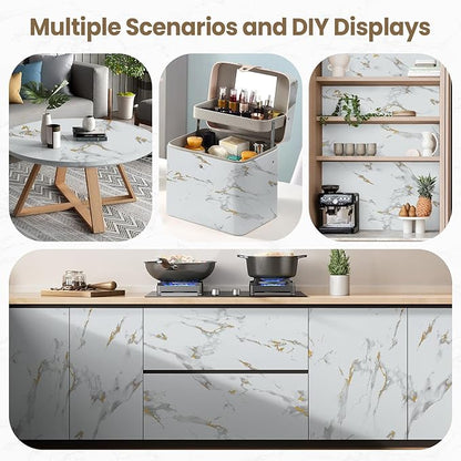 practicalWs Glossy Marble Wallpaper Peel and Stick White/Gold Granite Contact Paper Removable Wall Paper for Kitchen Countertop Cabinet Furniture 23.6" x 118"