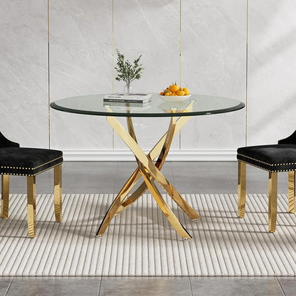 36" Glass Dining Table for 2-4, Modern Dining Room Table with 0.39" Tempered Glass Top and Cross X-Shaped Gold Stainless Steel Base, Round Kitchen Dinner Table for Dining Room