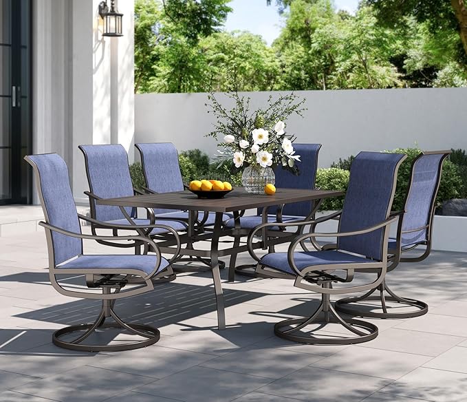 PHI VILLA 7 Piece Outdoor Patio Dining Set, Large Metal Table (1.57'' Umbrella Hole) and 6 Swivel Dining Chairs with Textilene Mesh Fabric, All Weather Patio Furniture Set for Deck Lawn Garden (Blue)