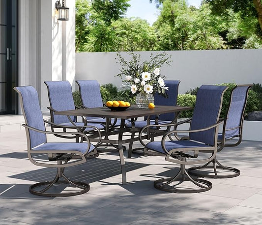 PHI VILLA 7 Piece Outdoor Patio Dining Set, Large Metal Table (1.57'' Umbrella Hole) and 6 Swivel Dining Chairs with Textilene Mesh Fabric, All Weather Patio Furniture Set for Deck Lawn Garden (Blue)