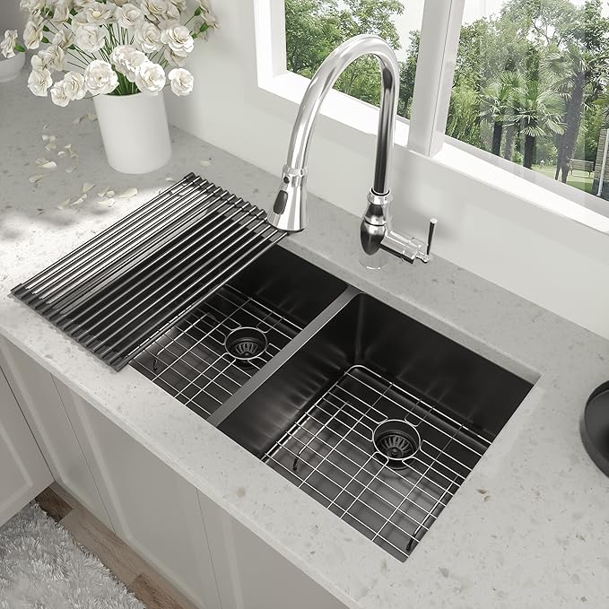 33 Inch Black Undermount Kitchen Sink - Beslend 33”x19”x10” Stainless Steel Gunmetal Black 16 Gauge 10 Inch Deep 50/50 Double Bowl Kitchen Sink Basin, 33 Inch-50/50