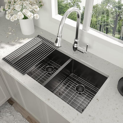 33 Inch Black Undermount Kitchen Sink - Beslend 33”x19”x10” Stainless Steel Gunmetal Black 16 Gauge 10 Inch Deep 50/50 Double Bowl Kitchen Sink Basin, 33 Inch-50/50