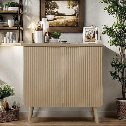 FONTOI Buffet Cabinet, Sideboard Fluted Cabinet Modern Kitchen Buffet Storage Cabinets with Doors and Shelves, Wood Farmhouse Coffee Bar Station for Entryway & Dining Room & Living Room, Wood