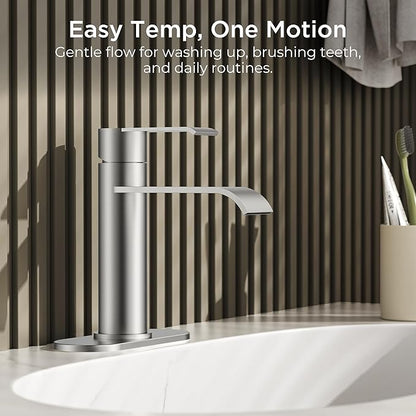 FORIOUS Brushed Nickel Bathroom Faucet Single Hole Waterfall with Single Lever Waterfall Bathroom Faucet 1 Hole for RV, Lavatory Sink Tap with Adapter Deck Plate, Pop Up Drain and 24" Hose