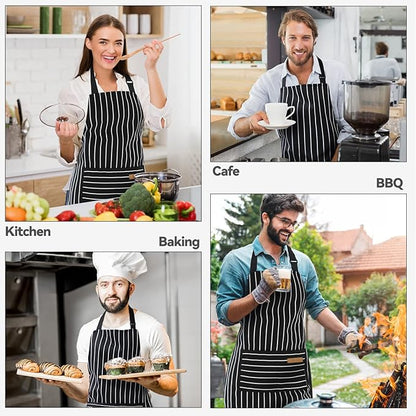 NLUS 2 Pack Cooking Aprons for Women with Pockets Adjustable Kitchen Bib Aprons for Women Men Chef, Black/White Stripe (Classic Black/White Stripes)