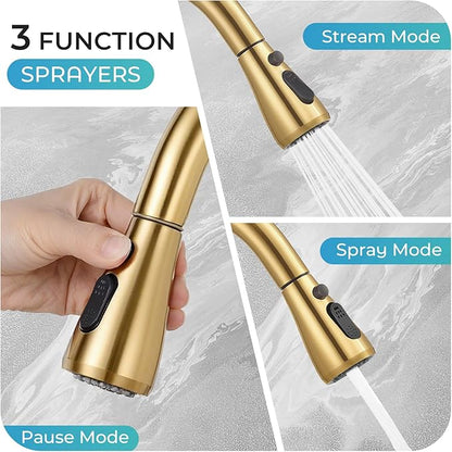 Kitchen Faucet with Pull Down Sprayer - Brushed Gold Single Handle Kitchen Faucets, High Arc Stainless Steel Pull Out Kitchen Sink Faucet with Deck for RV Laundry Farmhouse Bar