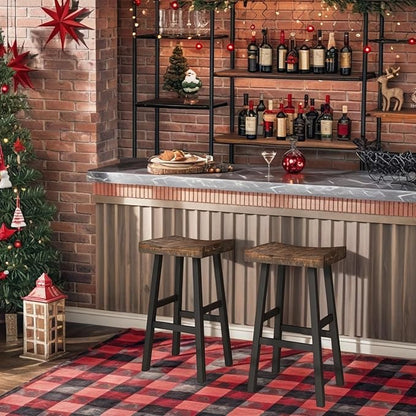 ERGOMASTER Wooden Backless Saddle Barstools Set of 4, 29-inch Bar Height Rustic Bar Stools with Rubber Wood Frame & Footrest for Kitchen Island, Dining Room, Pub