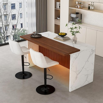 63" Modern Kitchen Island with Marble-Look Surface with 2/4 Bar Stools, Island Table with LED Lights, for Kitchen,Dining Room, Bar, Office, Living Room (White+2Beige)