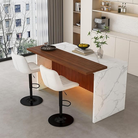 Runboll 63" Large Island Table Set with 2 Bar Stools, Modern Faux Marble Dining Table Set with Multi-Color LED Lights, Kitchen Island with Grille Design for Dining Room, Home, Office, Living Room