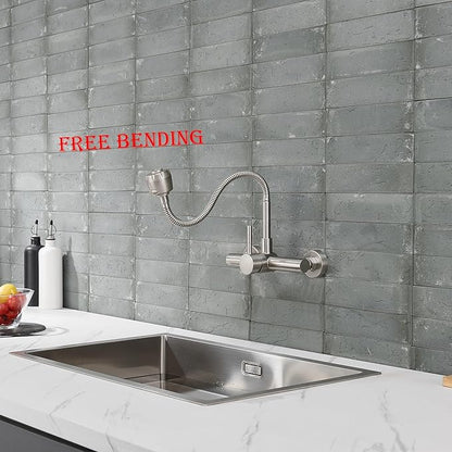 Wall Mount Kitchen Sink Faucet 8 Inch Center with Flexible Sprayer,Stainless Steel Mixer Tap with Dual Function Sprayer,Nickel Brushed Unility Sink Faucet