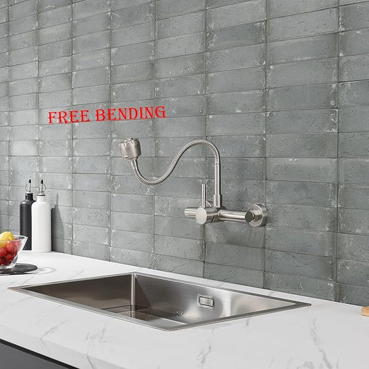 Wall Mount Kitchen Sink Faucet 8 Inch Center with Flexible Sprayer,Stainless Steel Mixer Tap with Dual Function Sprayer,Nickel Brushed Unility Sink Faucet