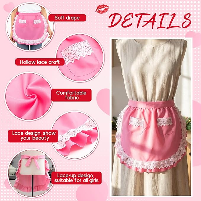 Geyoga valentine Waist Aprons for Women with Pockets Pink Kitchen Cooking Maid Apron Vintage Skirt Cute Ruffle Dress Costume