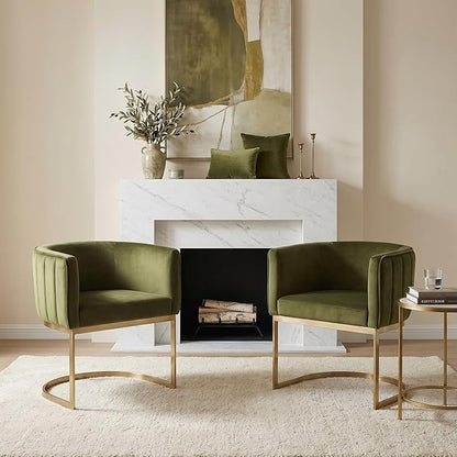 Novastra Olive Gold Barrel Chairs Set of 2, Modern Velvet Upholstered Seating with Curved Back and Cantilever Metal Frame, Luxury Accent Chairs for Kitchen Island & Dining Room