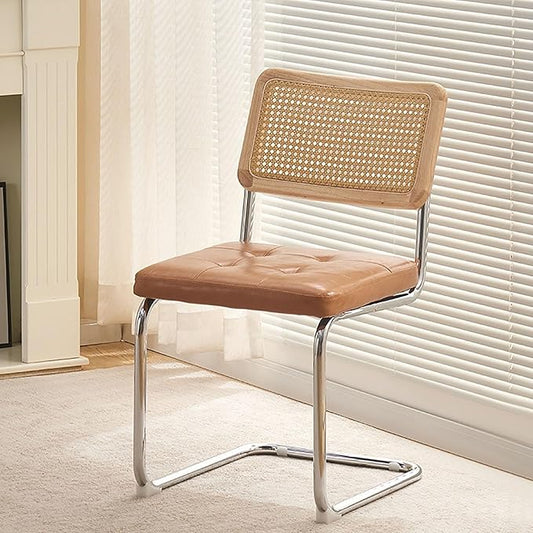 2/4 Pack Faux Leather Dining Chairs, Mid-Century Modern Kitchen Side Chairs with Rattan Back and Non-Slip Metal Legs, Upholstered Armless Chair for Dining Kitchen Island(Set of 2, Natural)