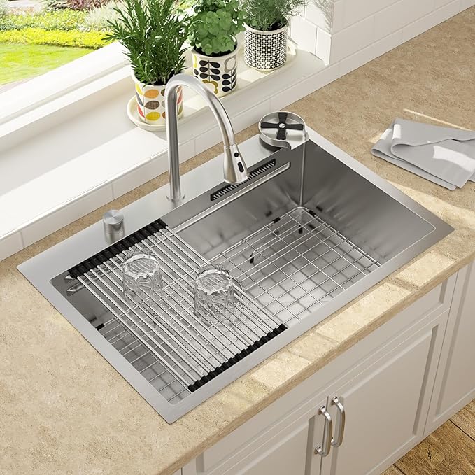 Lordear 33 Drop In Kitchen Sink with Faucet 33x22 Inch Waterfall Kitchen Sinks Topmount Stainless Steel 16 Gauge Single Bowl Workstation Smart Sink
