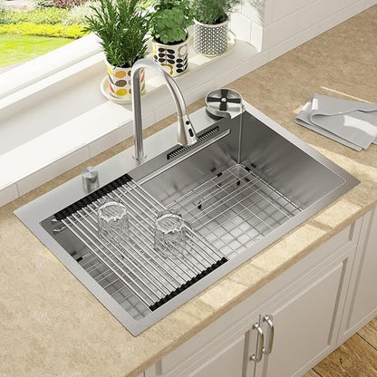 Lordear 33 Drop In Kitchen Sink with Faucet 33x22 Inch Waterfall Kitchen Sinks Topmount Stainless Steel 16 Gauge Single Bowl Workstation Smart Sink