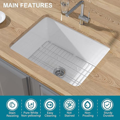 Undermount Kitchen Sink White 24 x 19 Inch,11" High Top Mount Small Fireclay Bar Sink Drop In Single Bowl, Dual Mount Heavy Duty Deep Basin, Pure White, for Kitchen,Island,Laundry