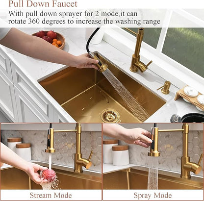 Undermount Gold Laundry Sink-Bokaiya 24"x18"x12" Gold Stainless Steel Laundry Room Sink Outdoor Utility 16 Gauge Single Bowl Kitchen Sink with Faucet Combo